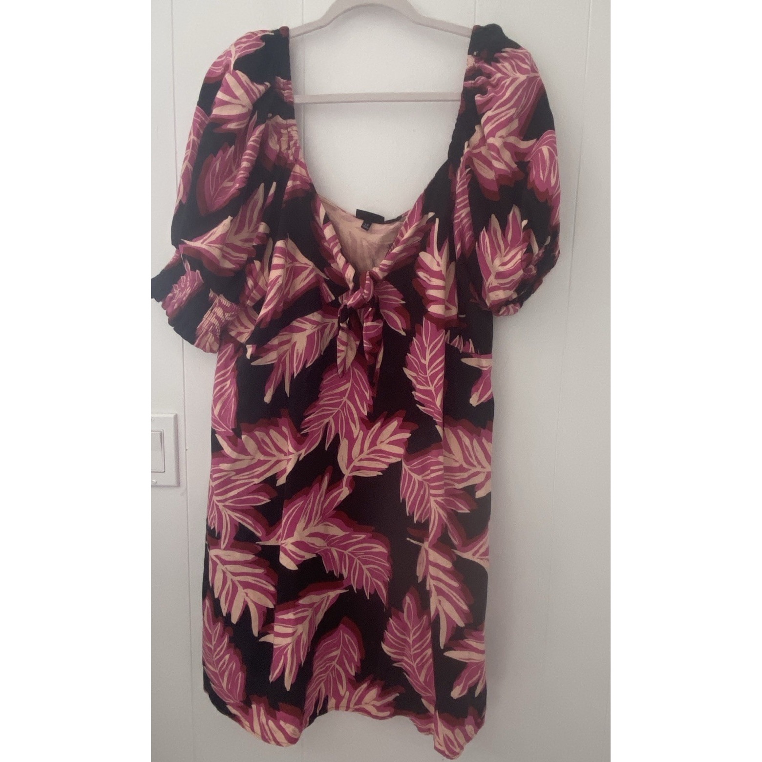 Who What Wear Women's Sz Ix Linen Puff Elbow Sleeve Mini Dress Black Leaf Print